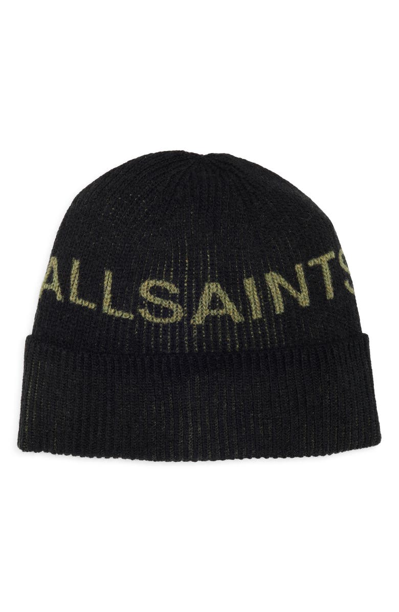 AllSaints Logo Print Beanie, Main, color, Black/ Green