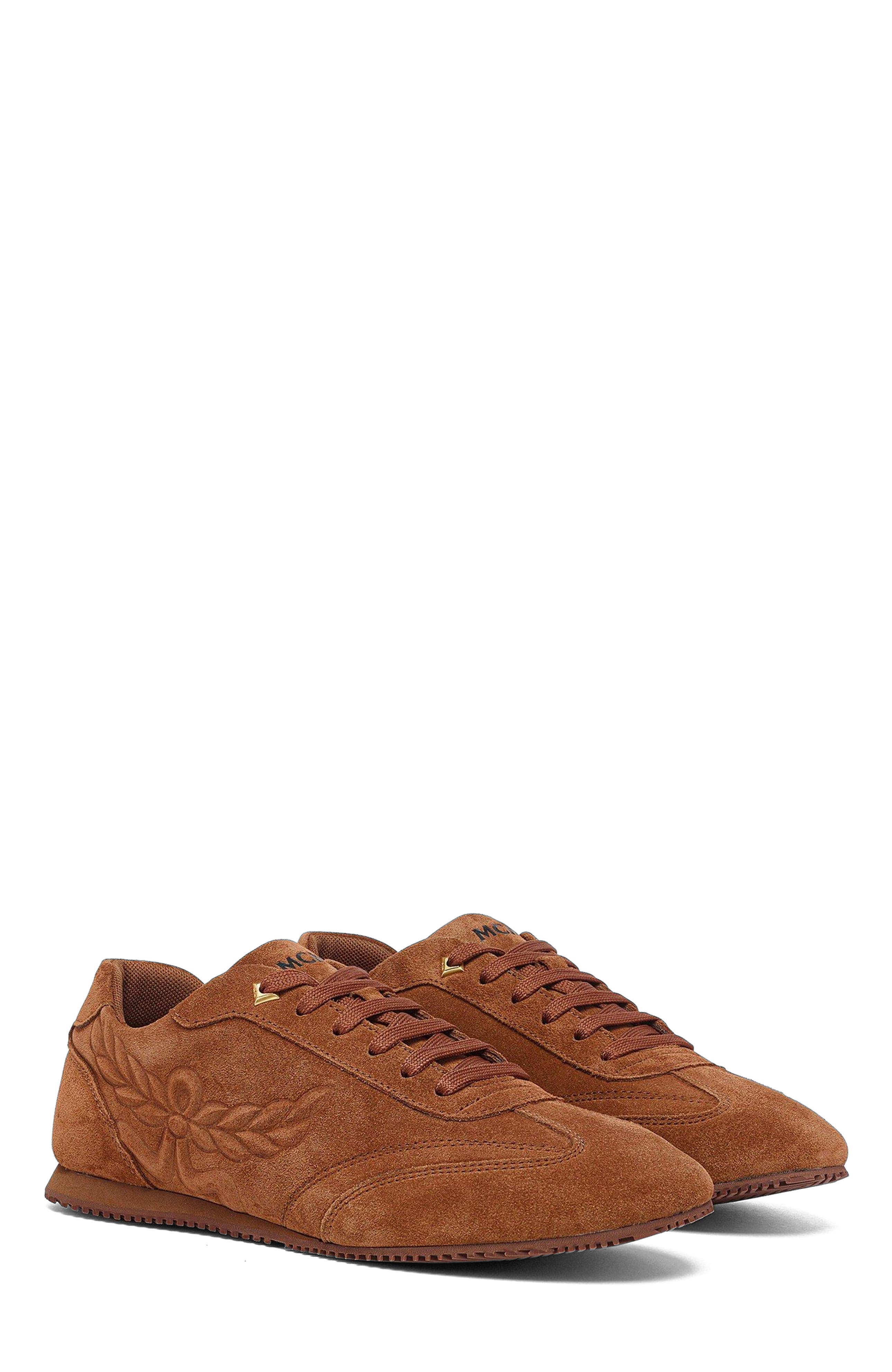 MCM Men's Federlite Lo Sneakers in Laurel Suede Leather, Main, color, Cognac