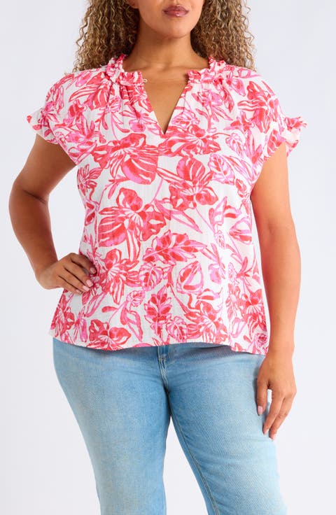 Ruffle Accent Cotton Gauze Top (Plus)