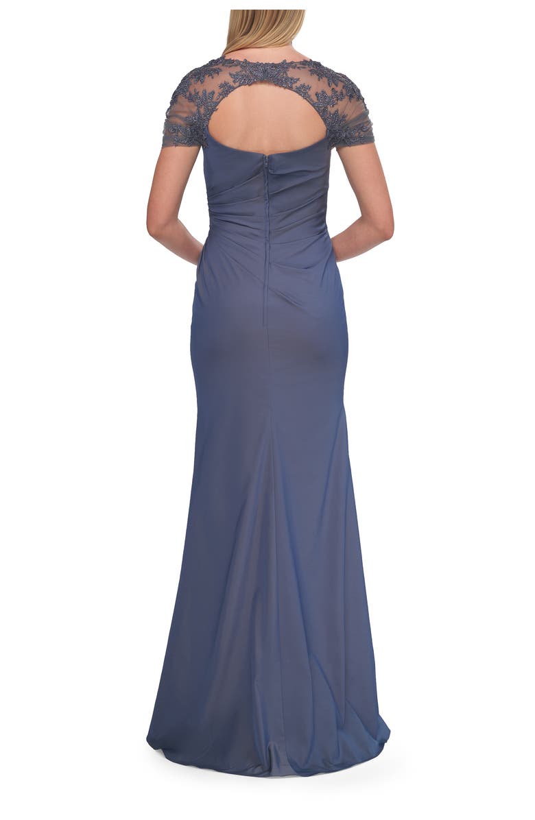 La Femme Embroidered Lace Sleeve Gown with Keyhole Back, Alternate, color, Slate Blue