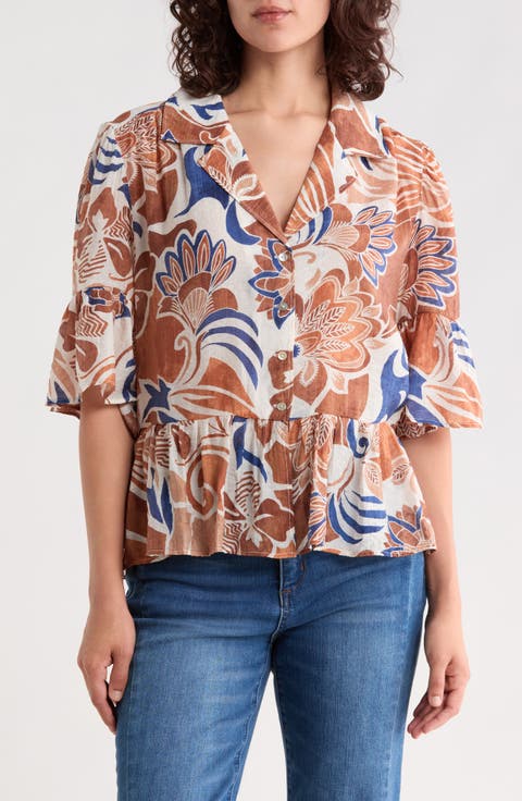 Bell Sleeve Button Front Peplum Top