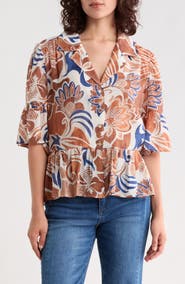 Vince Camuto Bell Sleeve Button Front Peplum Top