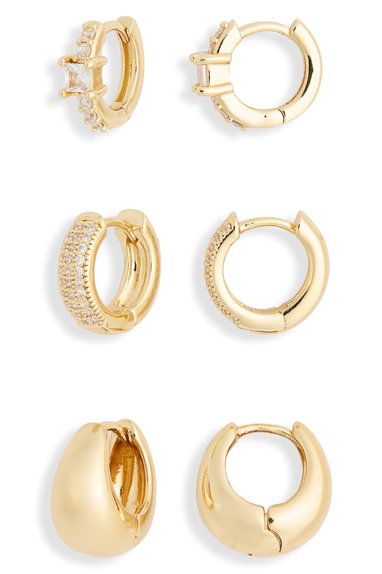 3-Pack Mixed CZ Huggie Hoop Earrings, Main, color, CLEAR- GOLD