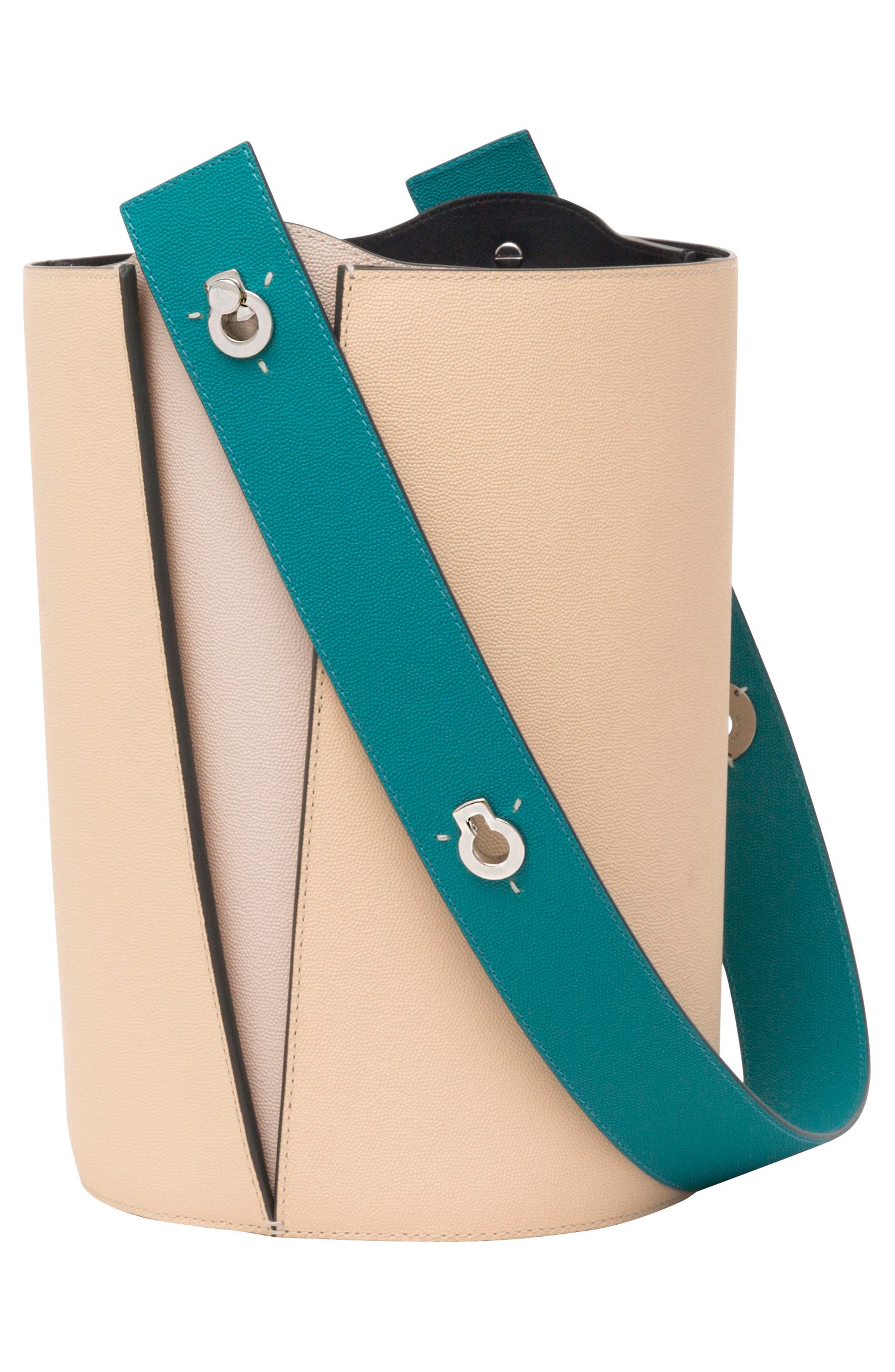 Mini Lorna Leather Bucket Bag, Alternate, color, VANILLA/ TURQUOISE