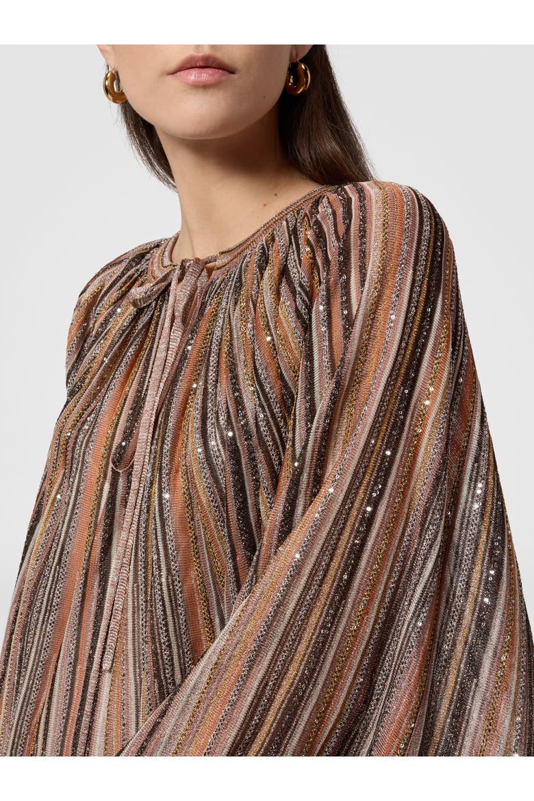 Long Caftan In Ribbed Viscose Lamé With Wide Sleeves, Alternate, color, Gold& Beige