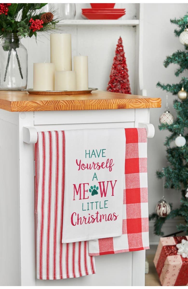 C&F Home "Have Yourself a Meowy Little Christmas" Cat Paw Embroidered 100% Cotton Flour Sack Dishtowel, Alternate, color, White