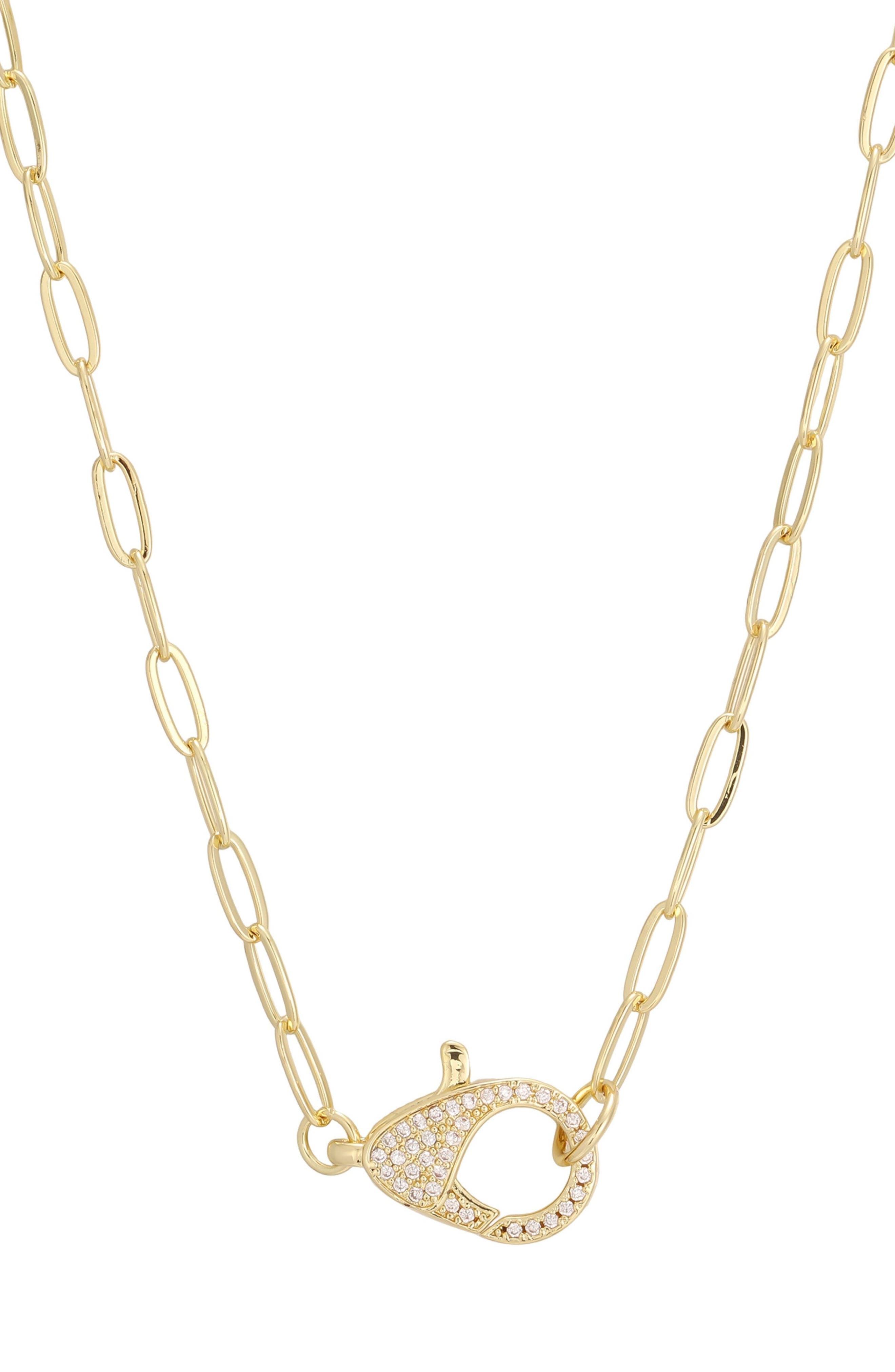 14k Gold Plated Cubic Zirconia Oversized Lobster Clasp Paperclip Necklace