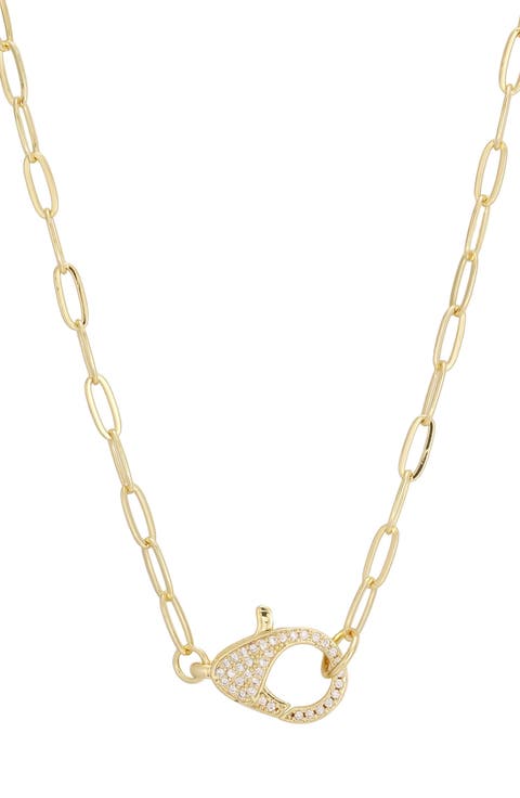 14k Gold Plated Cubic Zirconia Oversized Lobster Clasp Paperclip Necklace