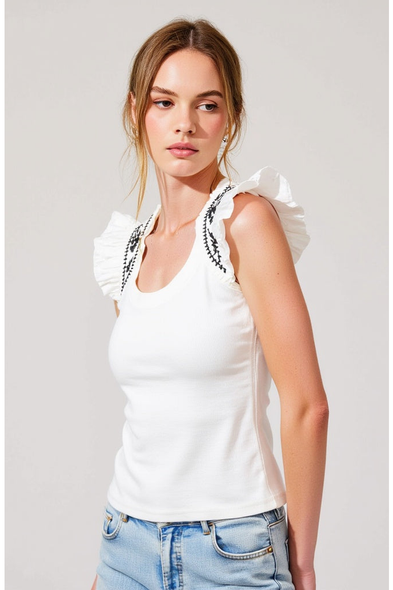 Ruffled Cap-Sleeve Knit Top with Embroidered Shoulder Detail, Alternate, color, White / Black