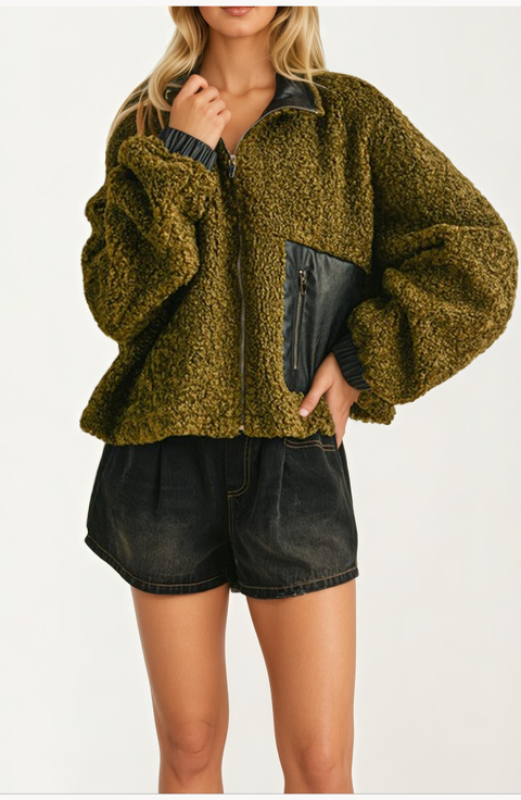 Faux Leather Trim Textured Zip-Up Pocket Detail Jacket