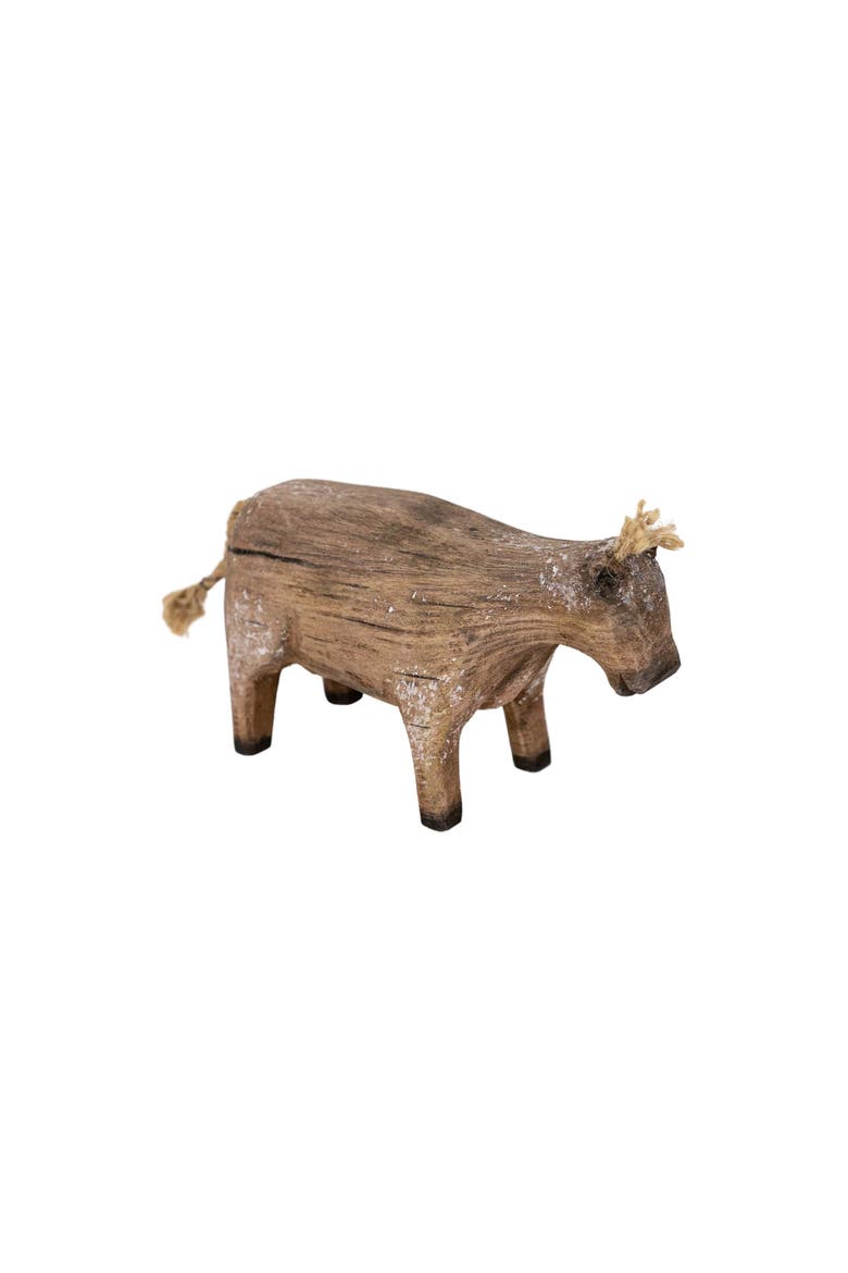 Carved Cow Decorative Accent Natural Wood & Jute, Main, color, Brown