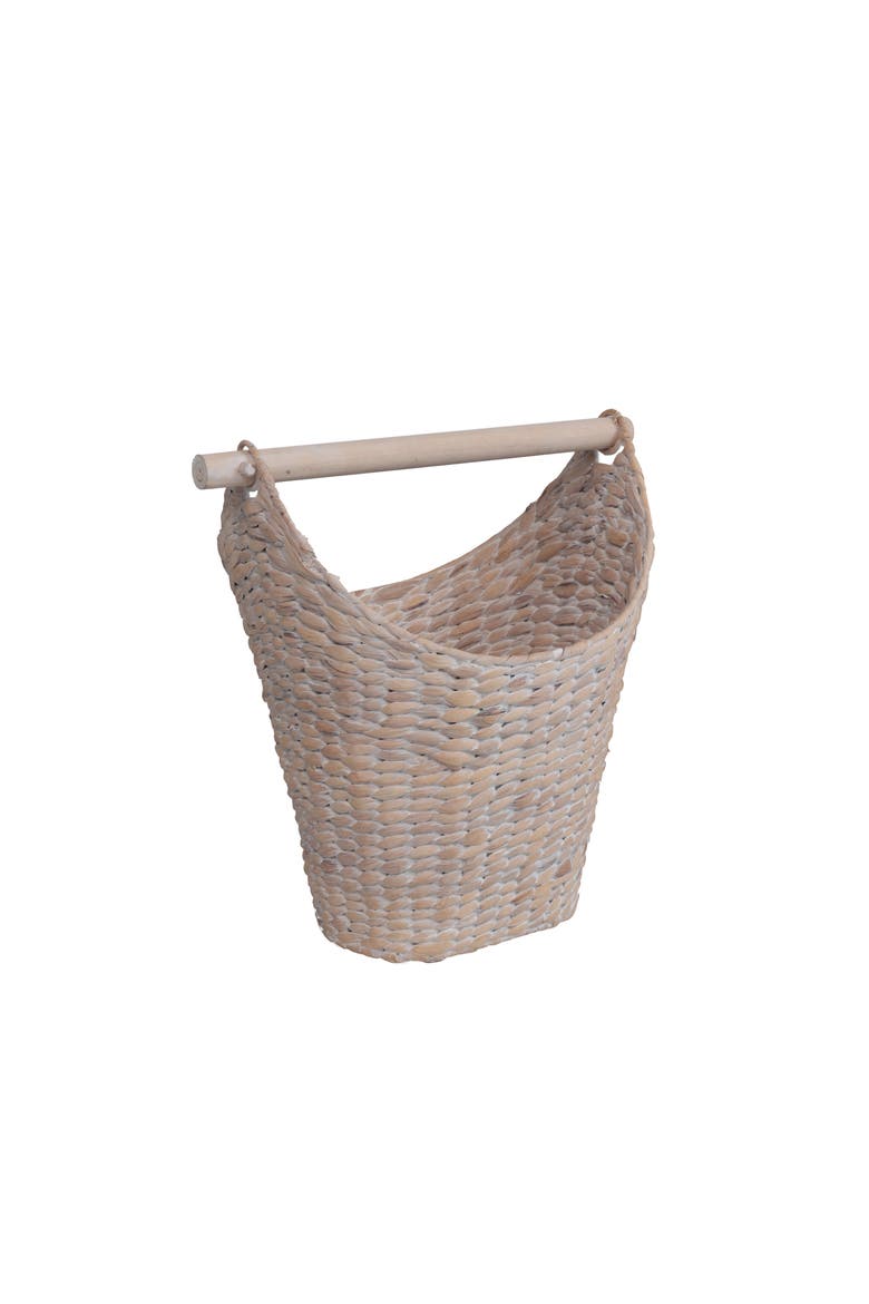 Talia Classic Coastal Hand-Woven Water Hyacinth Toilet Paper Basket with Wood Bar, Main, color, White Wash