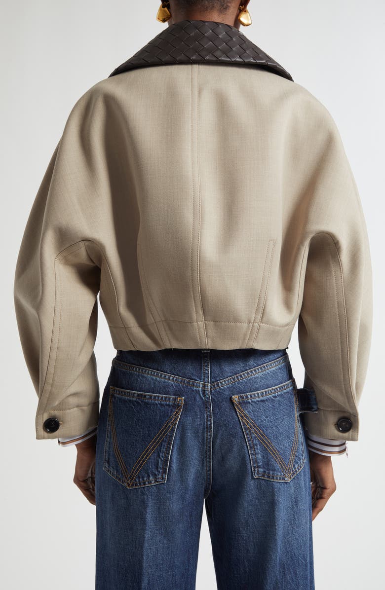 Bottega Veneta Cotton Blend Twill Crop Jacket with Removable Intrecciato Leather Collar, Alternate, color, 
