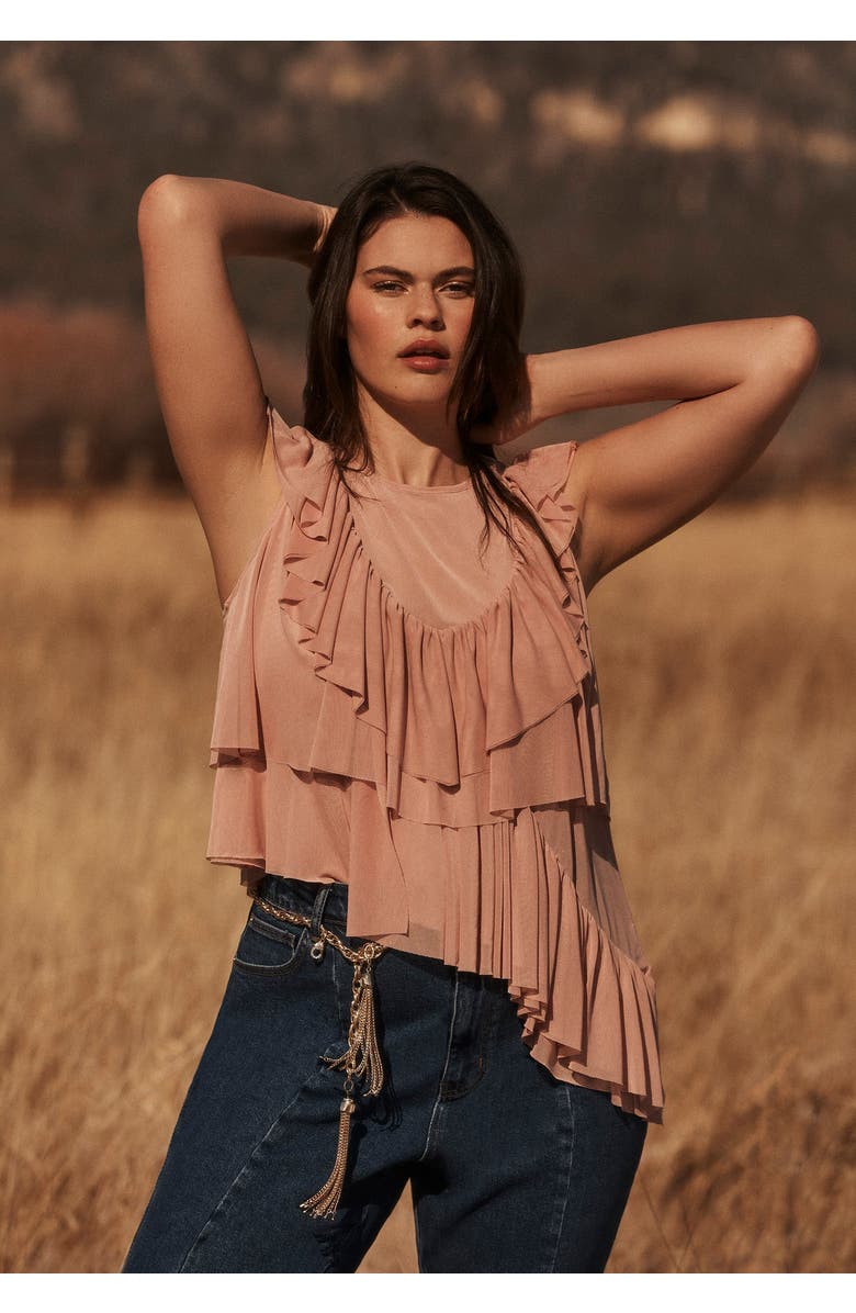 June + Vie Asymmetric Ruffle Mesh Top, Alternate, color, Sepia Rose