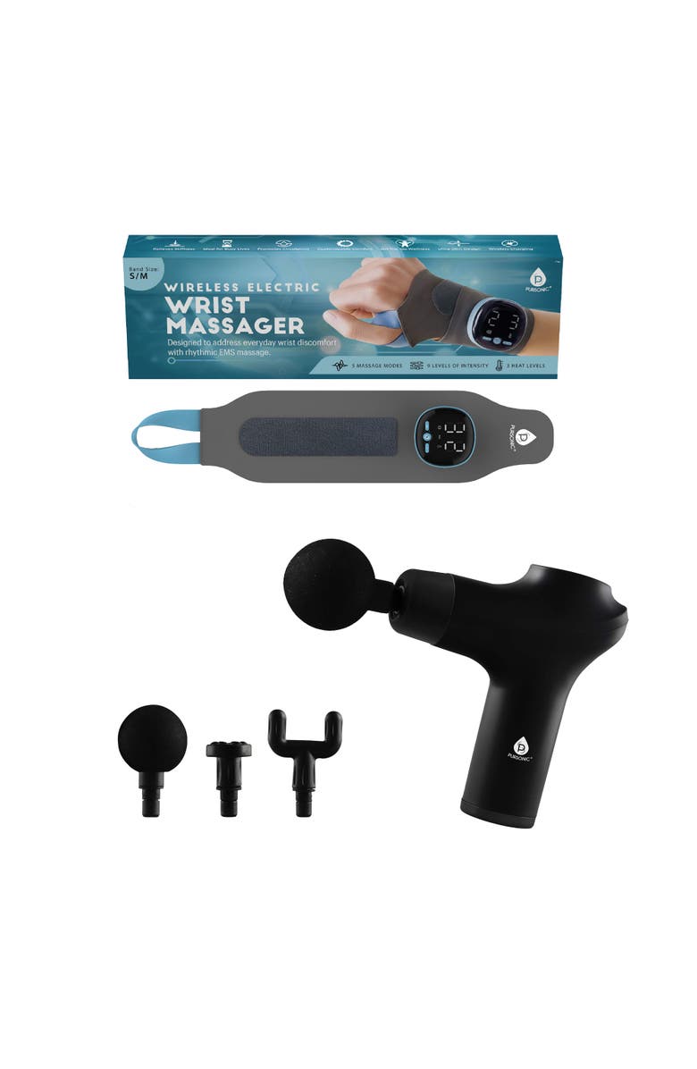 PURSONIC EMS Wrist Massager & 3-Speed Massage Gun Bundle - Targeted Relief & Muscle Recovery for Hands, Wrists & Body, Main, color, Black