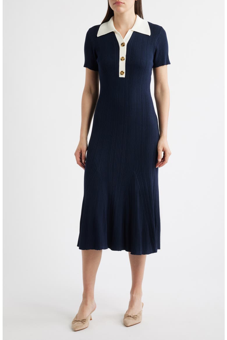 Short Sleeve Rib Polo Sweater Dress, Main, color, NAVY/ IVORY