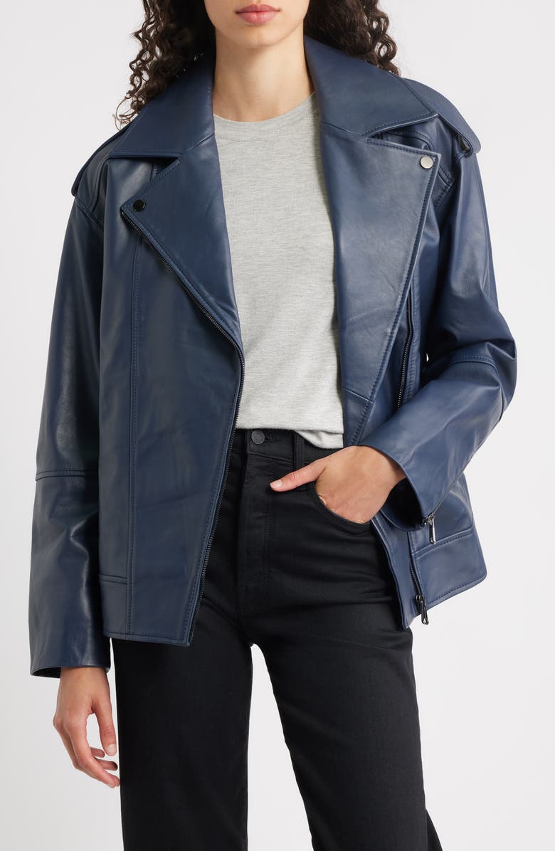 Bernardo Relaxed Moto Leather Jacket, Alternate, color, Navy
