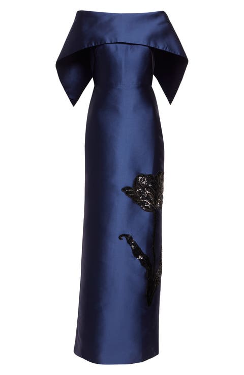 Beaded Off the Shoulder Mikado Column Gown