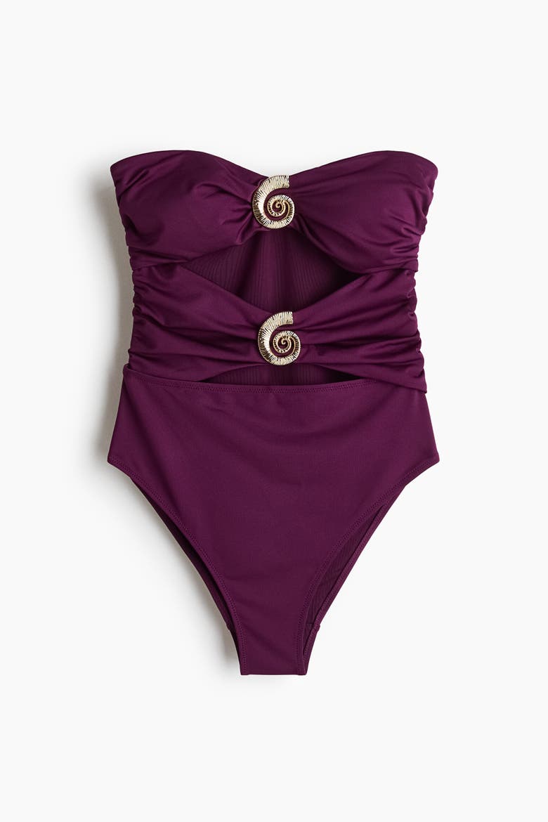 Padded-cup High Leg Bandeau Swimsuit, Alternate, color, Dark purple