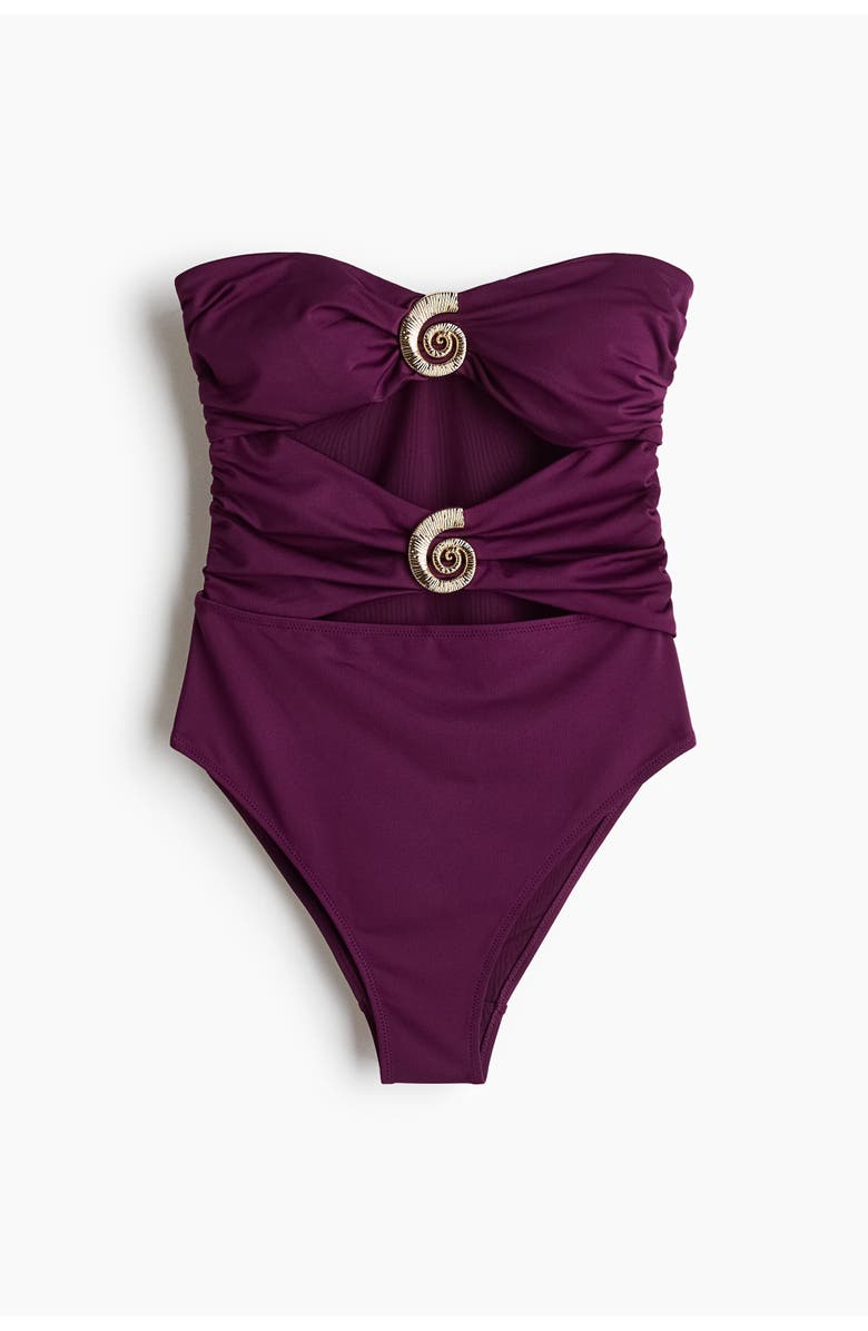 H&M Padded-cup High Leg Bandeau Swimsuit, Alternate, color, Dark Purple