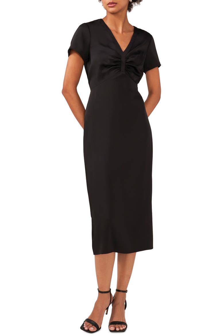 Ruched V-Neck Midi Dress, Main, color, RICH BLACK