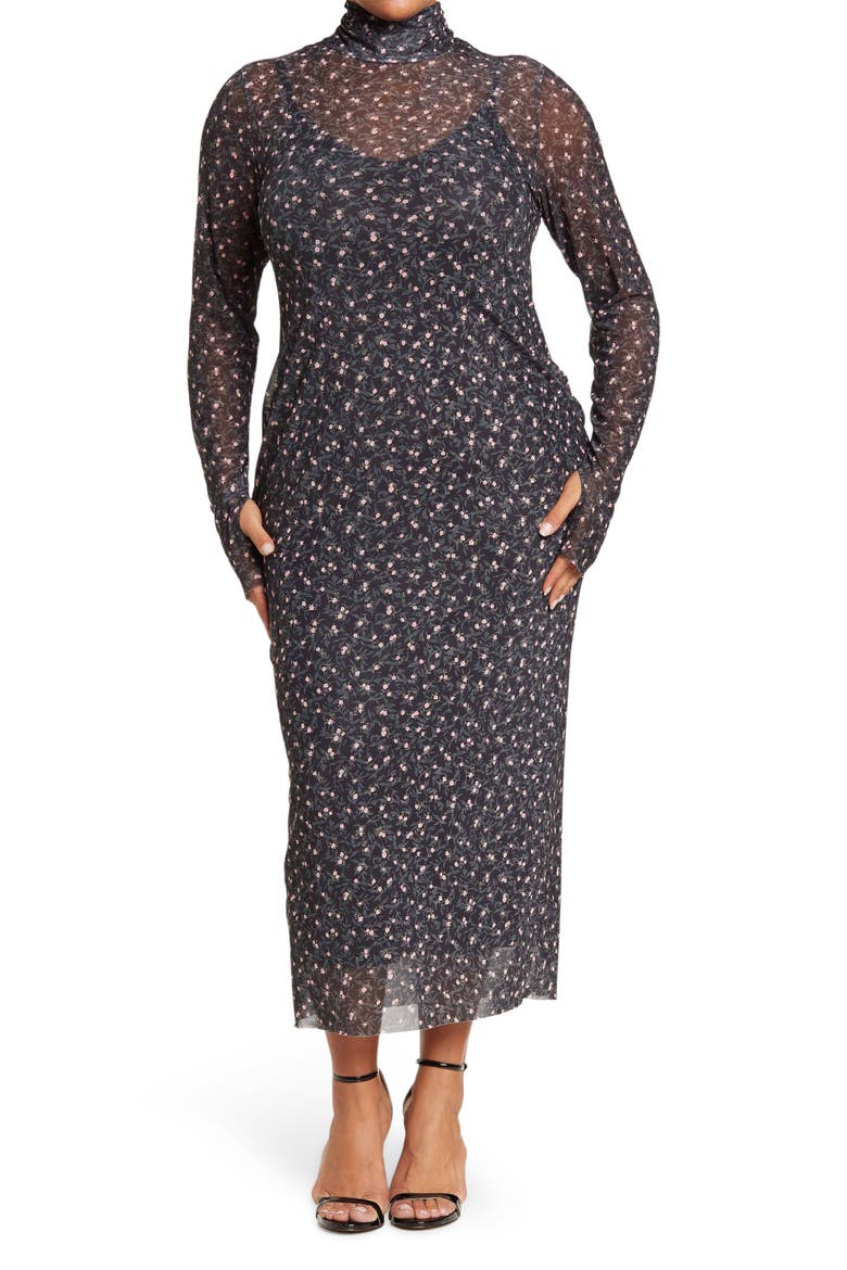 Shailene Long Sleeve Mesh Dress, Main, color, NOIR BLOSSOM