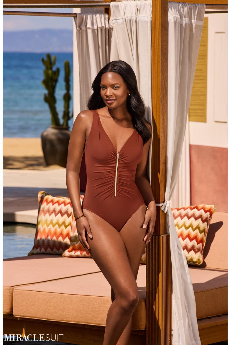 Razzle Dazzle Zip-Up One-Piece Swimsuit, Alternate, color, COPPER BROWN