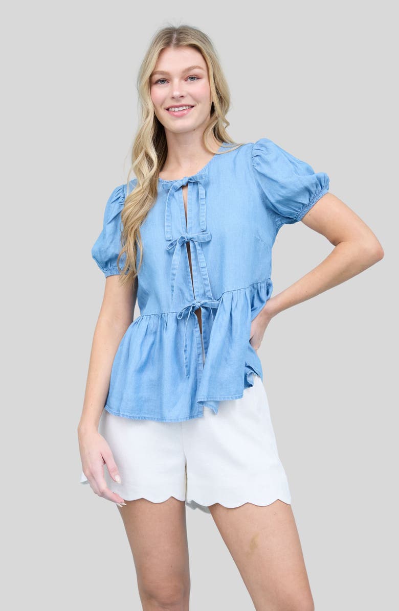 Blu Pepper Front Tie Puff Sleeve Chambray Top, Alternate, color, Chambray