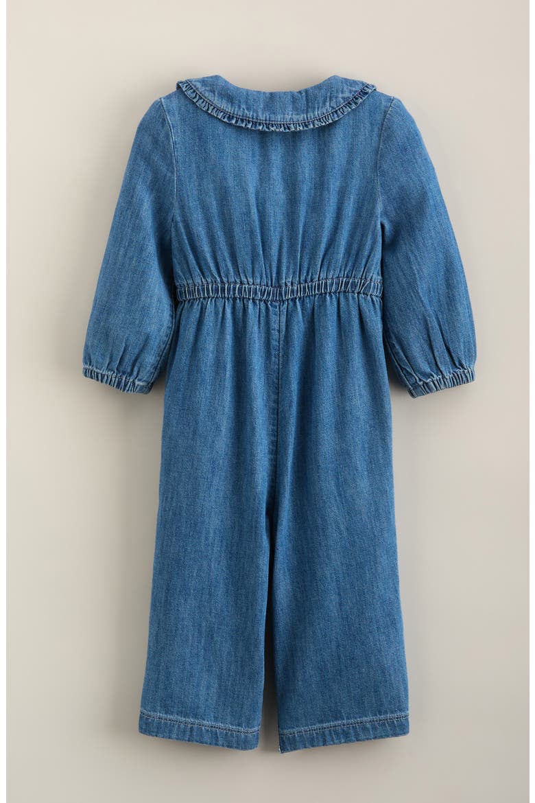 Kids' Ruffle Collar Denim Romper, Alternate, color, MID GEM WASH