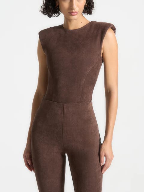 Wide Shoulder Suede Bodysuit
