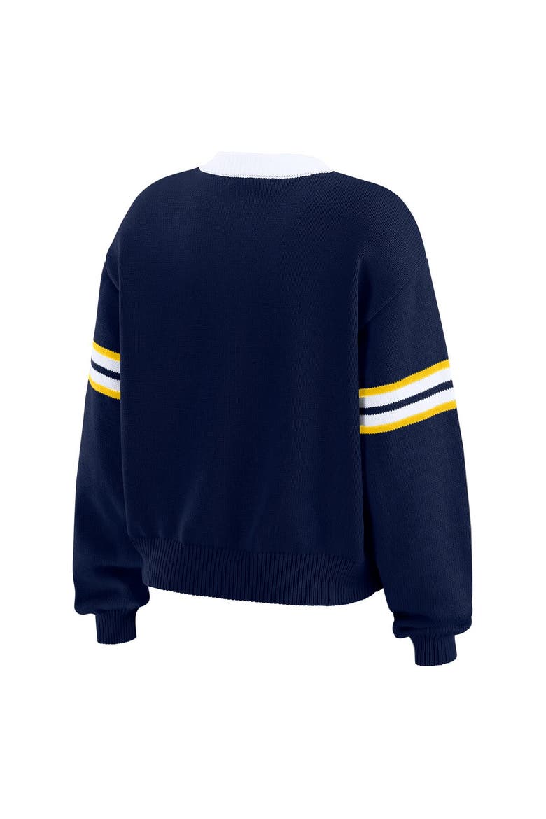 Women's WEAR by Erin Andrews Navy Michigan Wolverines Lace-Up Pullover Sweater, Alternate, color, Navy