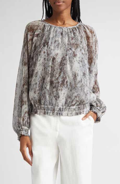 Lafayette 148 New York Speckled Glaze Print Gathered Georgette Blouse