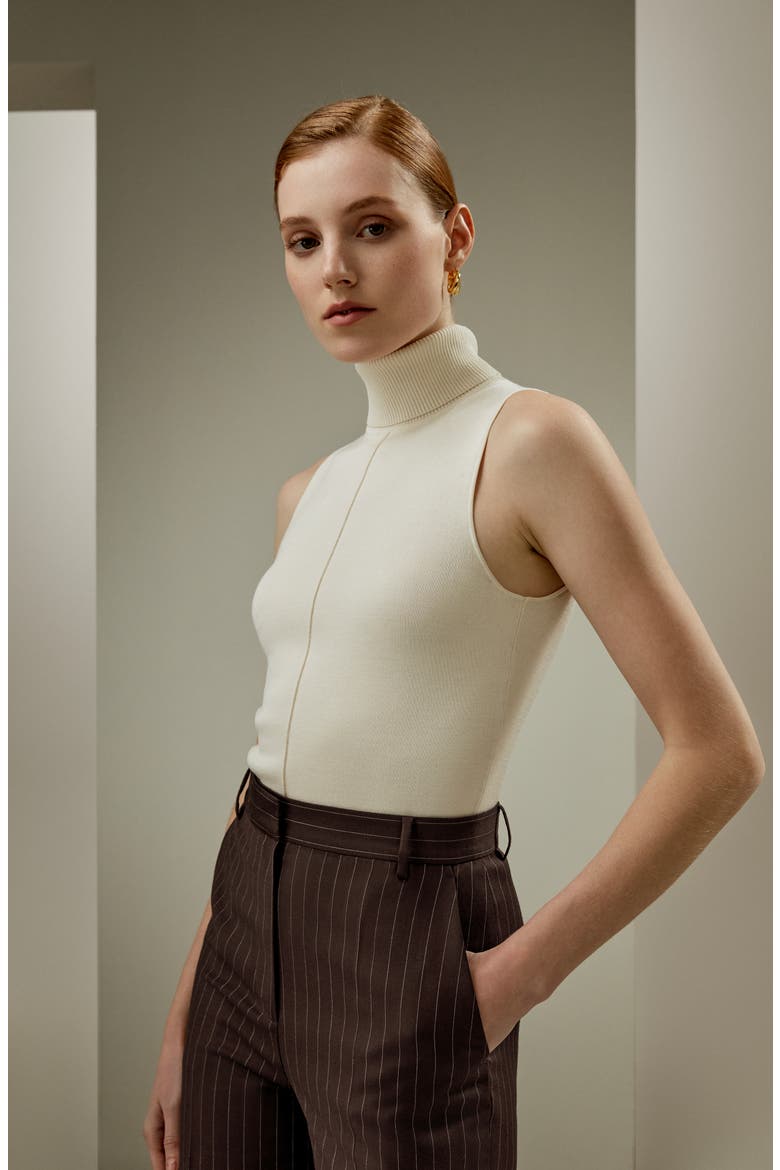 Women's Silk Knitted Turtleneck Sleeveless Top, Alternate, color, White