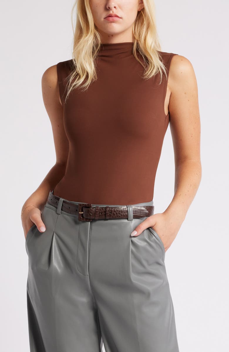 Open Edit Funnel Neck Double Layer Bodysuit, Main, color, Brown Soil