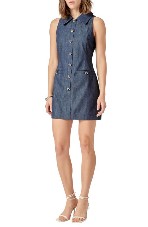 Endless Rose Point Collar Denim Mini Shirtdress In Navy Denim