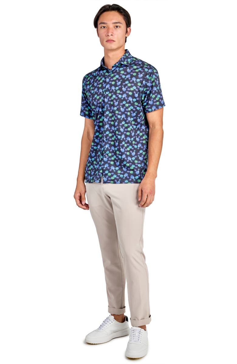 CONSTRUCT Regular Fit Pineapple Print Recycled Performance Golf Button-Down Shirt, Alternate, color, Navy