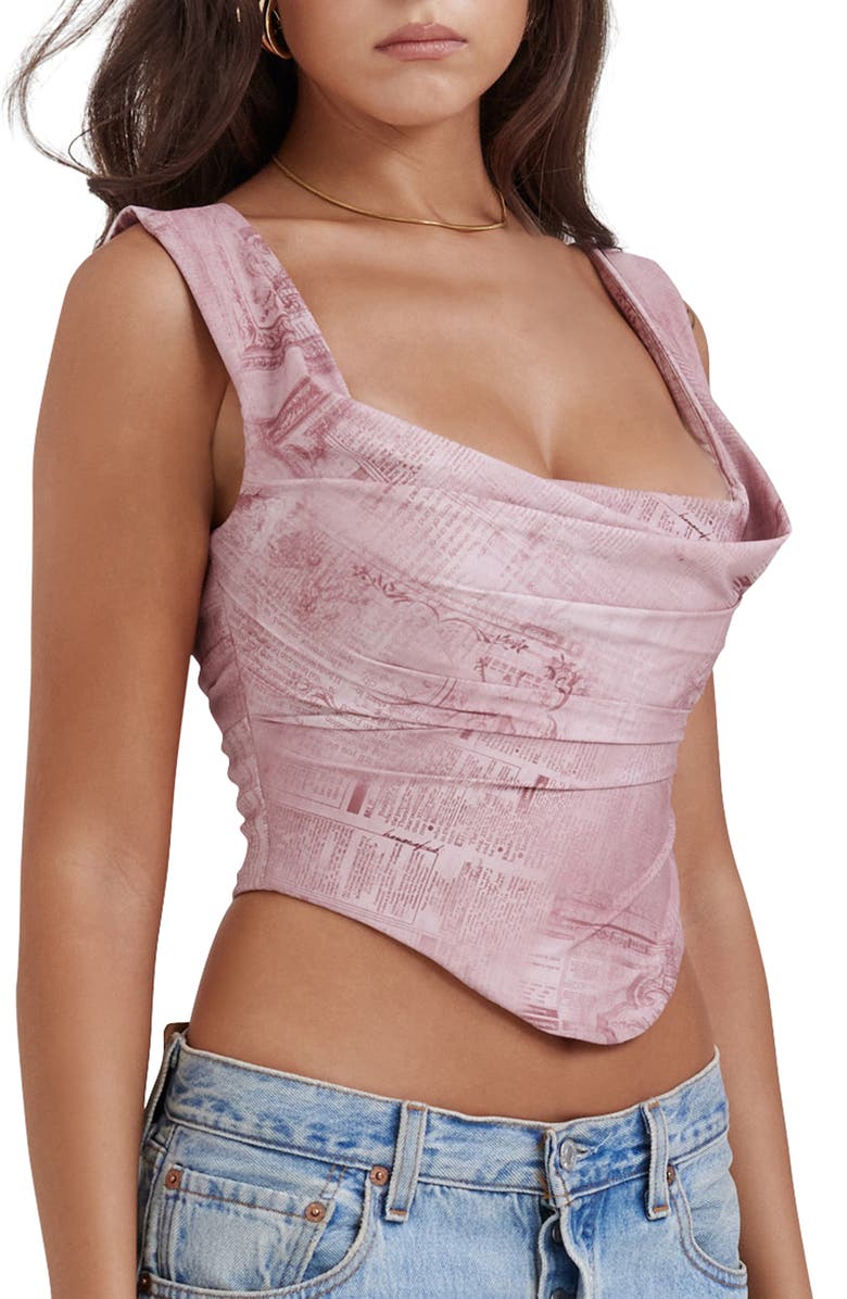 HOUSE OF CB Una Floral Cowl Neck Lace-Up Corset Top, Alternate, color, Warm Pink