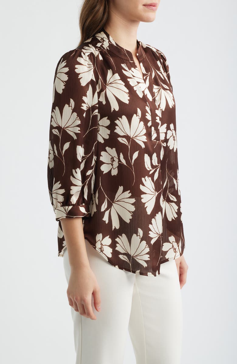 Anne Klein Floral Split Neck Top, Alternate, color, Dark Chocolate/ White