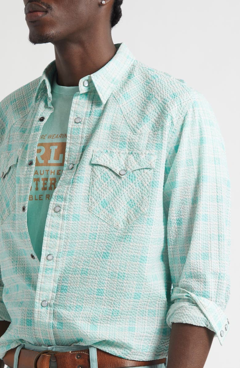 Double RL Slim Fit Plaid Seersucker Western Snap-Up Shirt, Alternate, color, Turquoise Multi -