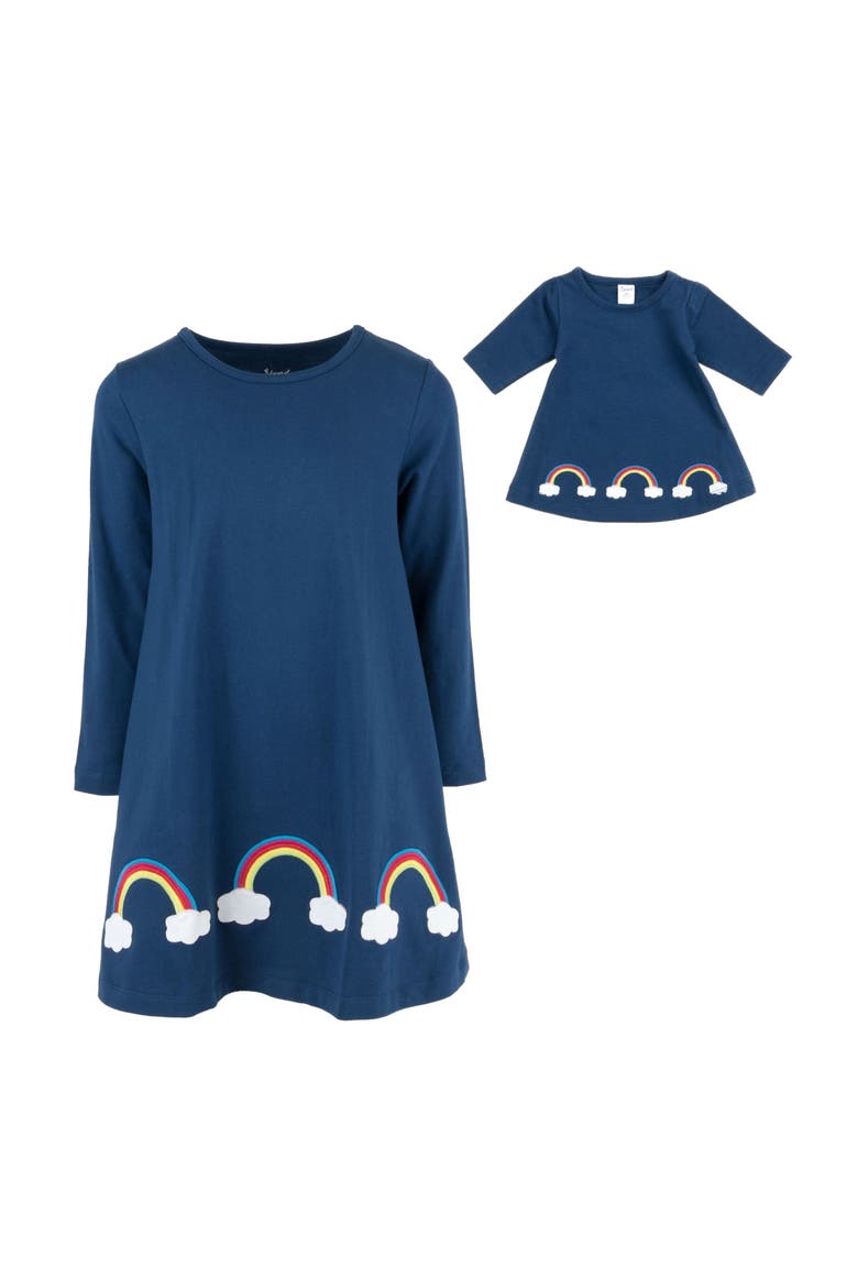 Girls Cotton Dress with Matching Doll Dress, Printed Design, Alternate, color, RAINBOW