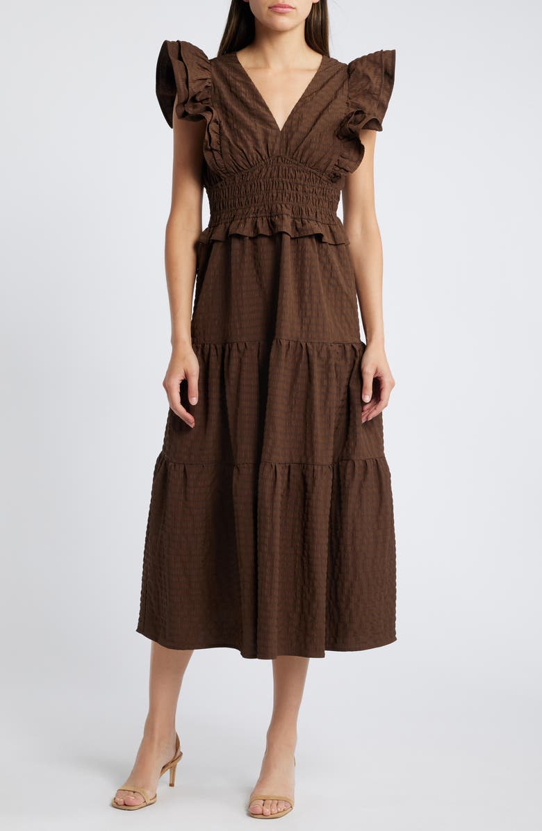 brown ruffle midi dress Brown Puff Sleeve Mimi Midi Dress main image 0