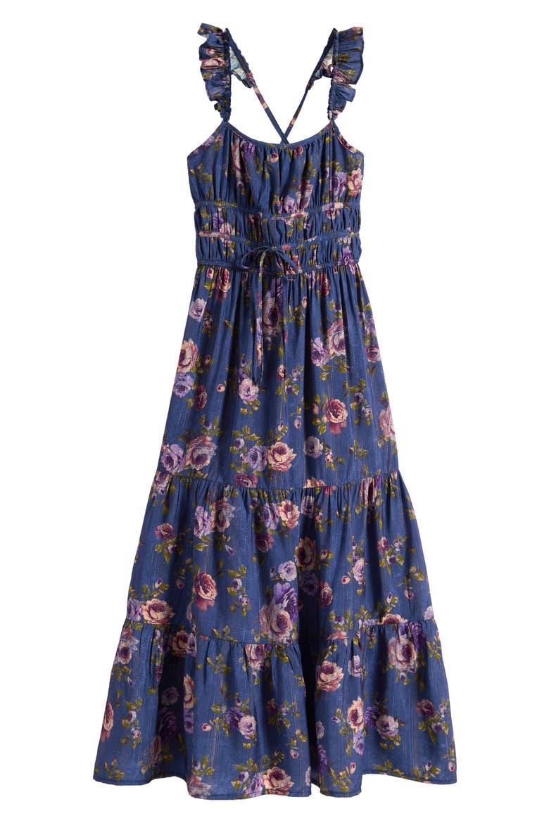 Kids' Floral Ruffle Strap Maxi Dress, Main, color, DARK PERI