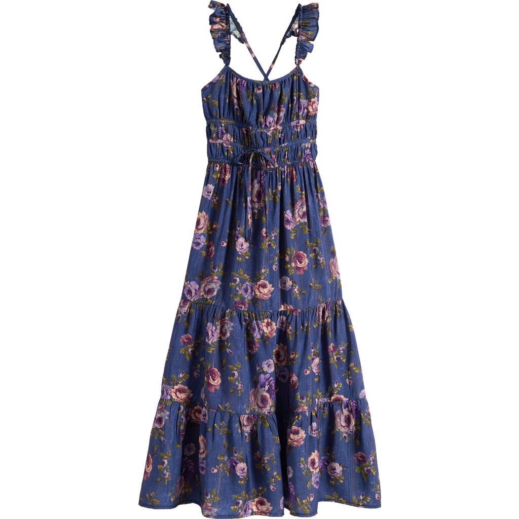 Ava & Yelly Kids' Floral Ruffle Strap Maxi Dress In Blue