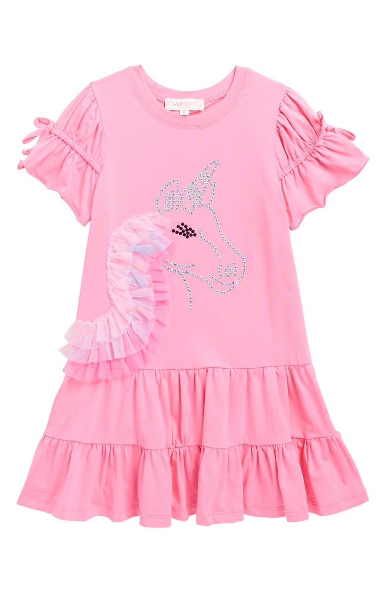 Baby Sara Kids' Unicorn Tulle Trim Tiered Stretch Cotton Party Dress, Main, color, Pink
