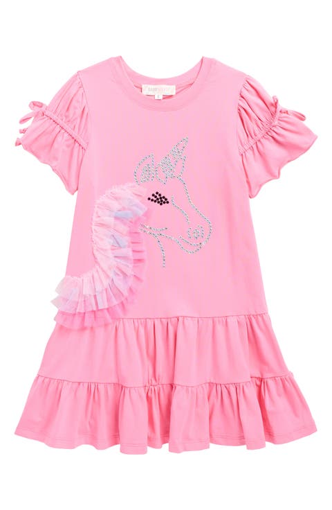 Kids' Unicorn Tulle Trim Tiered Stretch Cotton Party Dress (Little Kid)