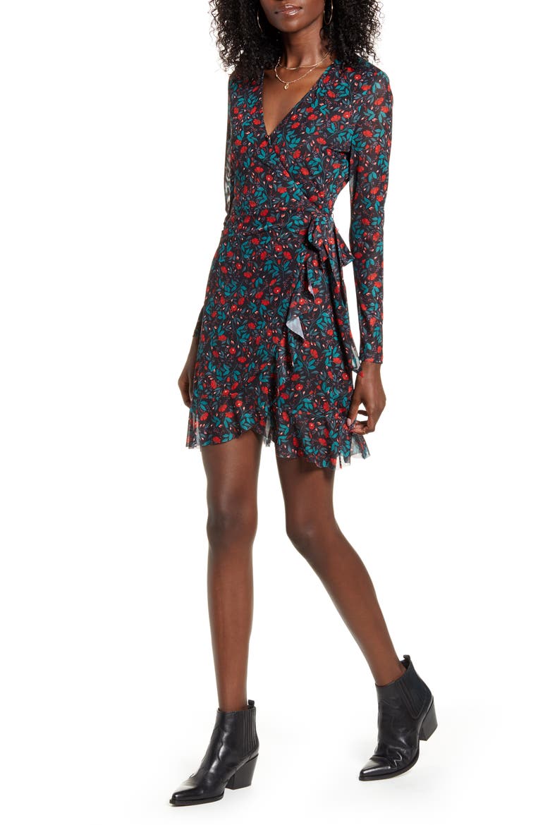Holy Long Sleeve Mesh Wrap Minidress, Main, color, MULTI