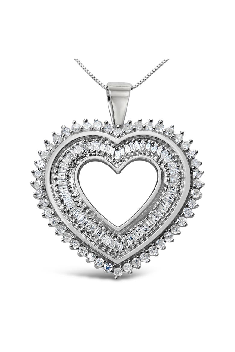 Silver 1.0 Cttw Baguette and Round Diamond Heart Pendant Necklace, Main, color, White