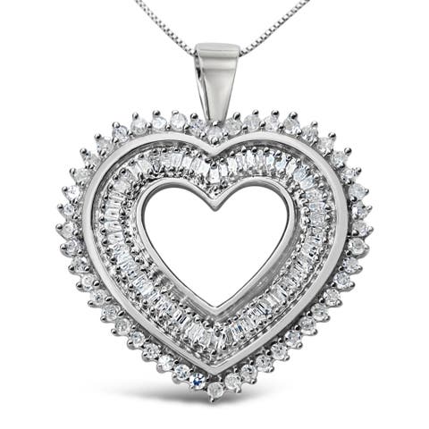Silver 1.0 Cttw Baguette and Round Diamond Heart Pendant Necklace