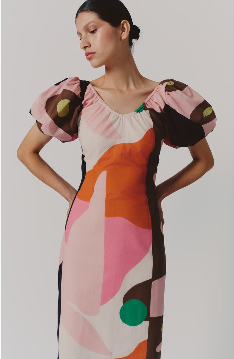 De Loreta Ocarina Puff Sleeve Midi Dress, Alternate, color, Teko Print