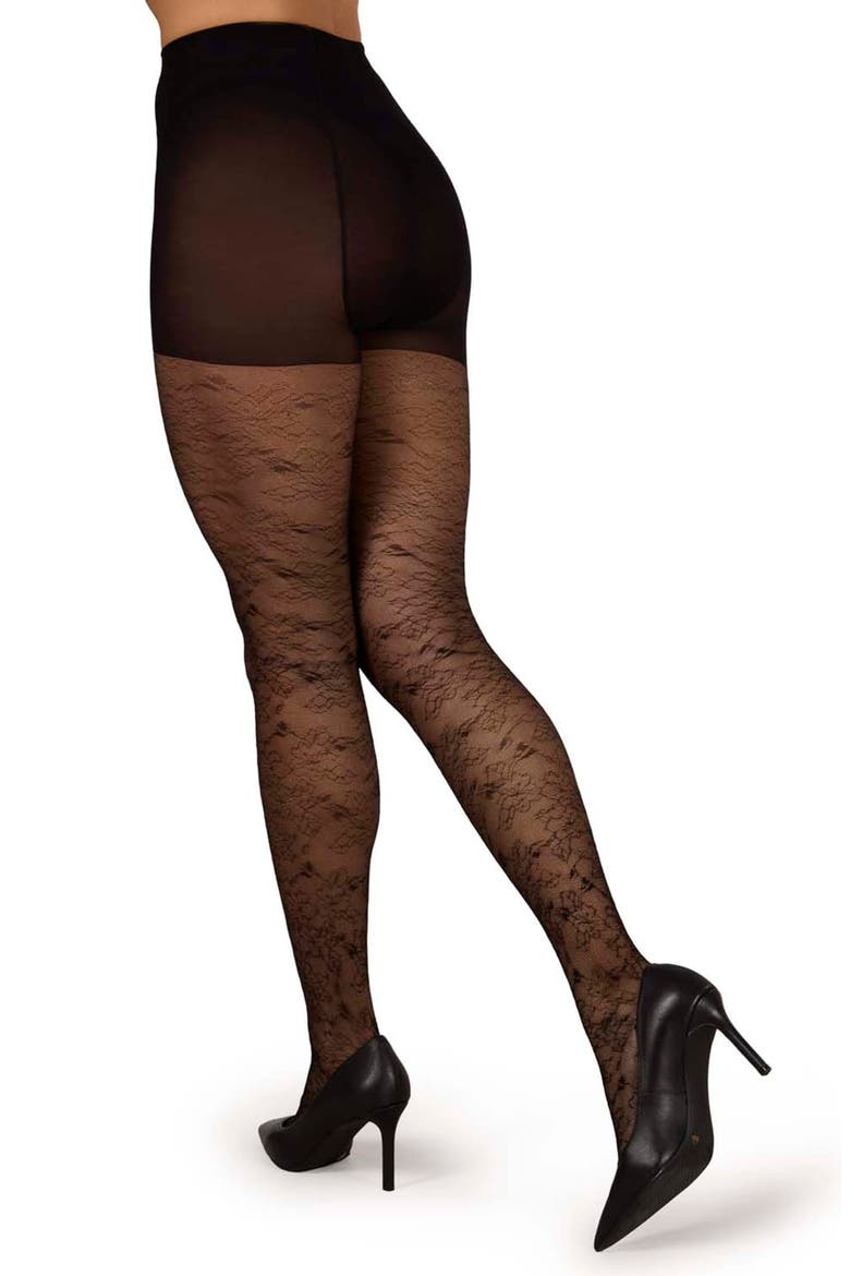 Sketch Floral Sheer Tights, Alternate, color, BLACK